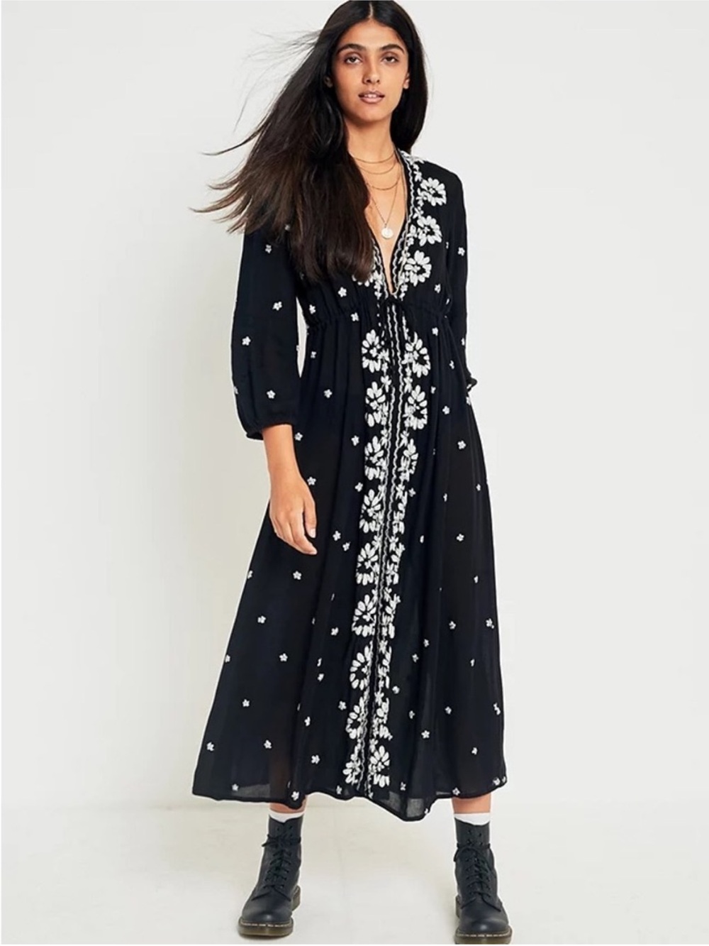 Free People Embroidered Black and White Fable Midi Dress SZ XS Boho